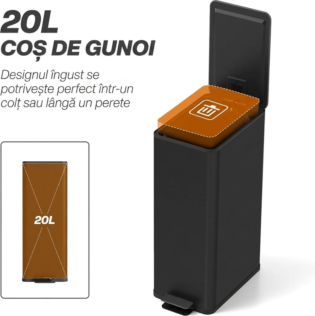 HOMCOM Coș de gunoi 20L cu închidere lentă și recipient detașabil, din oțel și PP, 21,5x37,2x57 cm, negru | Aosom Romania