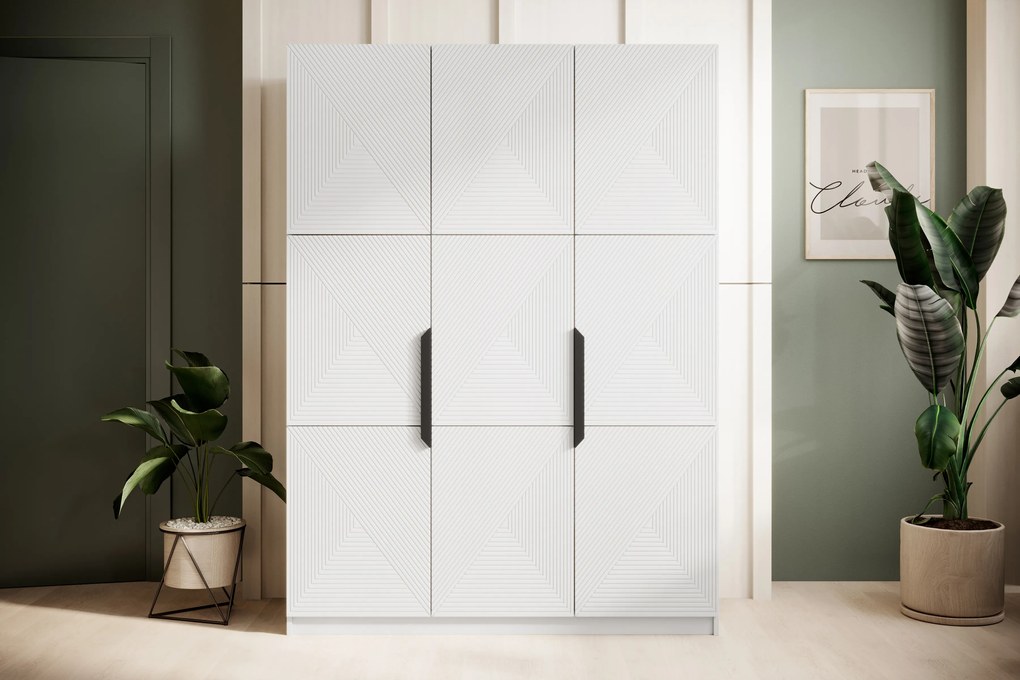 Dulap Asha 150 cm cu mânere metalice - alb mat / negru mânere