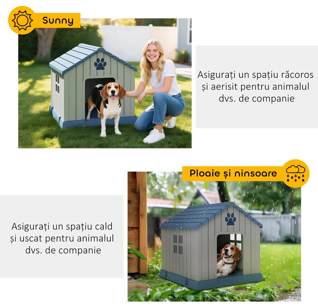 PawHut Căsuță pentru Câini din Plastic pentru Exterior, Impermeabilă, pentru Câini de Talie Medie cu Bază Ridicată, Ferestre și Acoperiș pentru Grădină, Patio, Terasă, Casă și Interior, 85x79x82 cm, Gri | Aosom Romania