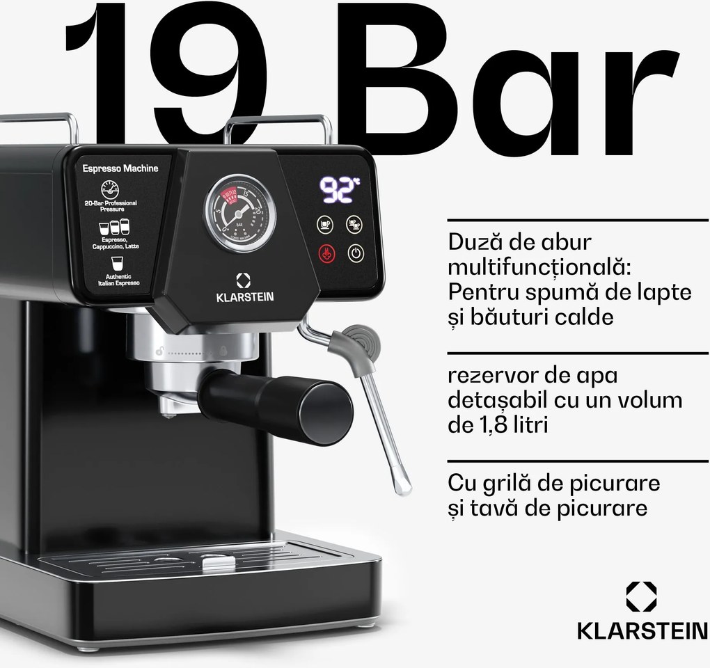 Klarstein Libeica aparat de cafea| 1350 W, 19 bar, control tactil, oțel inoxidabil, Indicator de presiune și temperatură