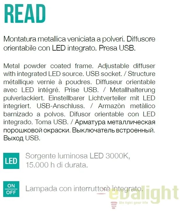 Aplica perete LED moderna reader directionabil cu port USB READ AP1 alba 176536