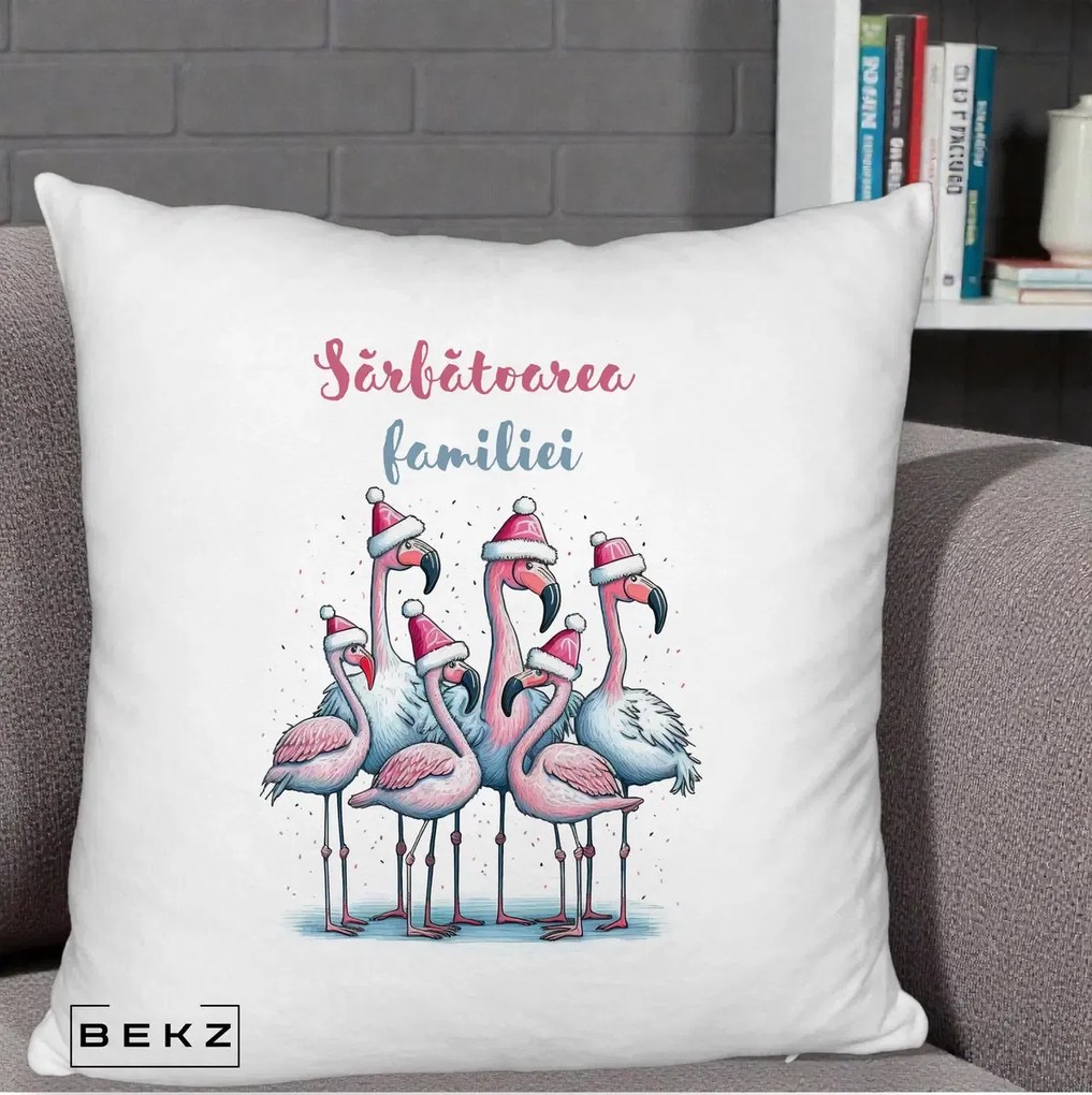Perna Decorativa Flamingo Craciun Sarbatoarea Familiei, 40x40 cm, Alb Pufos, Husa Detasabila, Perna Inclusa, BEKZ®