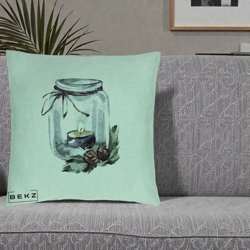 Perna Decorativa Felinar cu Lumanare si Conuri, 40x40 cm, Verde Menta, Husa Detasabila, Perna Inclusa, BEKZ®