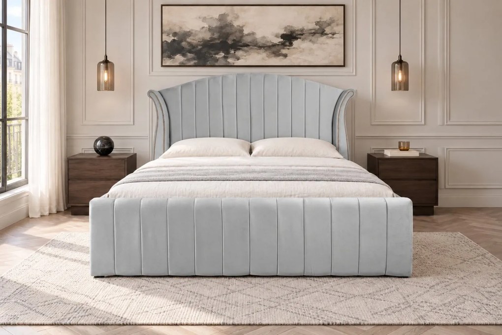 Pat tapițat din catifea Velluto Line 180×200 cm, gri deschis, cu ladă de depozitare