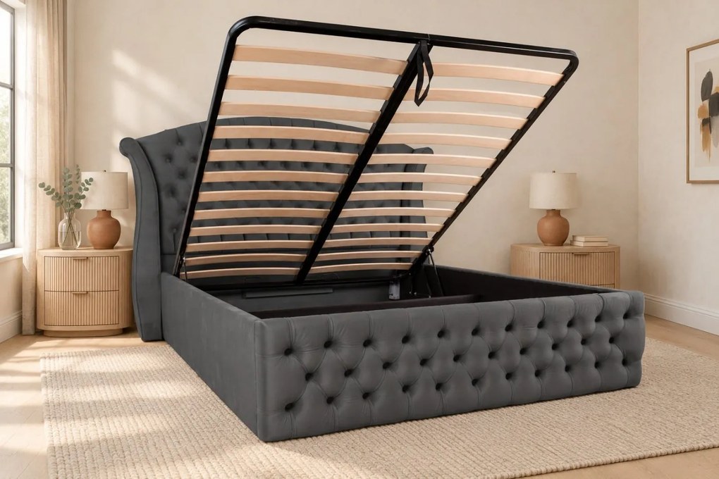 Pat tapițat Chesterfield din catifea Sorella Simple 140×200 cm, gri închis, cu ladă de depozitare