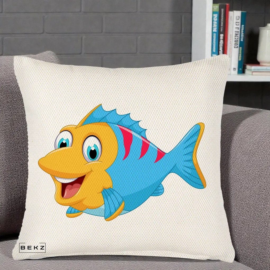 Perna Decorativa Peste Vesel Cartoon, 40x40 cm, Crem Reliefat, Husa Detasabila, Perna Inclusa, BEKZ®