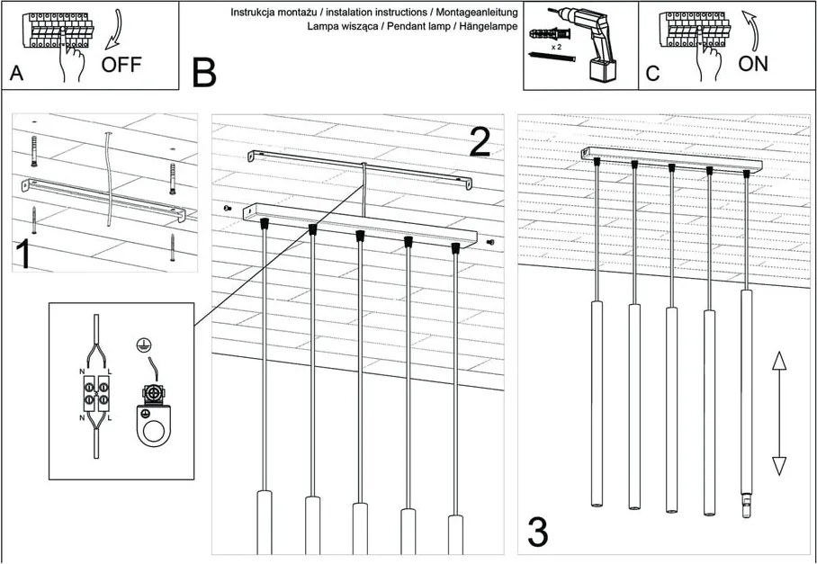 Lustră Sollux Fideus, lungime 45 cm, negru