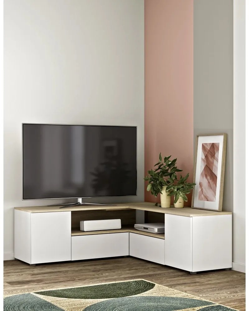 Comodă TV alb-natural cu aspect de lemn de stejar 130x46 cm Angle – TemaHome
