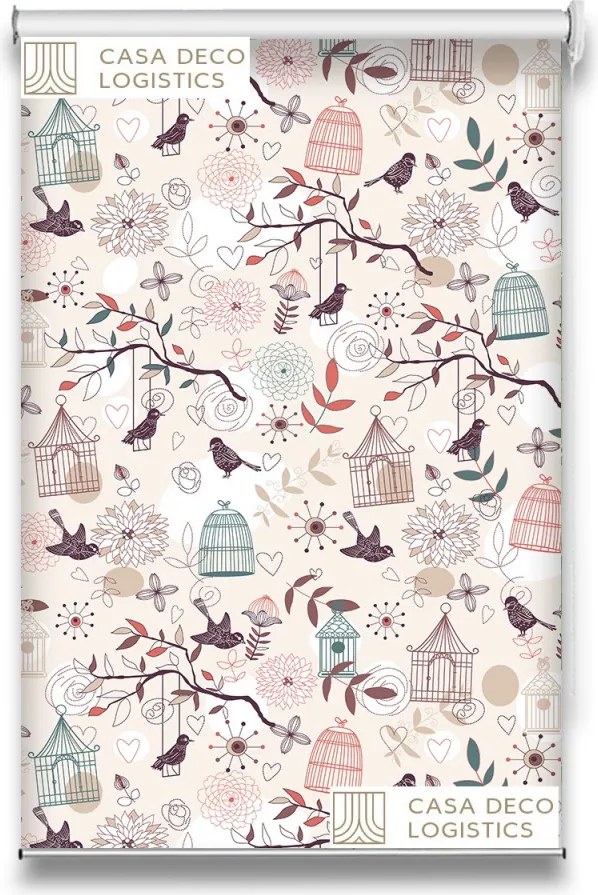Roletă textilă Floral 8005 crem cu păsări și colivii decorative