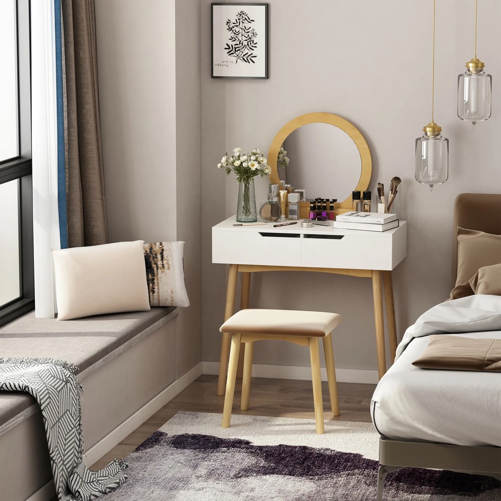 HOMCOM Coafetoare Design scandinav Masă de Machiaj cu Oglindă, 2 sertare și Taburet Alb pin Deschis | Aosom Romania