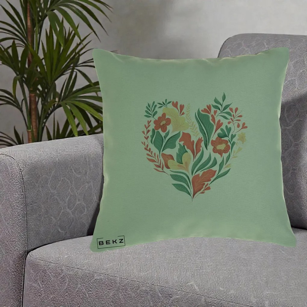 Perna Decorativa Inima Florala Botanica, 40x40 cm, Verde, Husa Detasabila, Perna Inclusa, BEKZ®