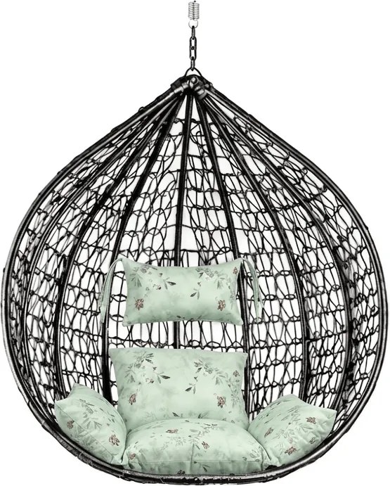 Scaun balansoar suspendat KOKON negru fara suport, perna verde deschis cu model