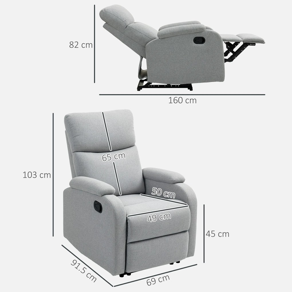 HOMCOM Fotoliu Recliner din In cu Suport Reglabil pentru Picioare, 69x91,5x103 cm, Gri | Aosom Romania