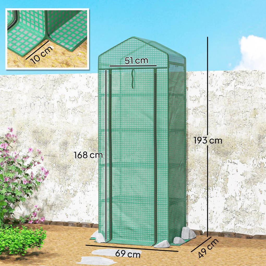 Outsunny Seră de grădină balcon etajere seră 5 niveluri 0,69 x 0,49 x 1,93 m oțel folie rulabilă PE verde | Aosom Romania