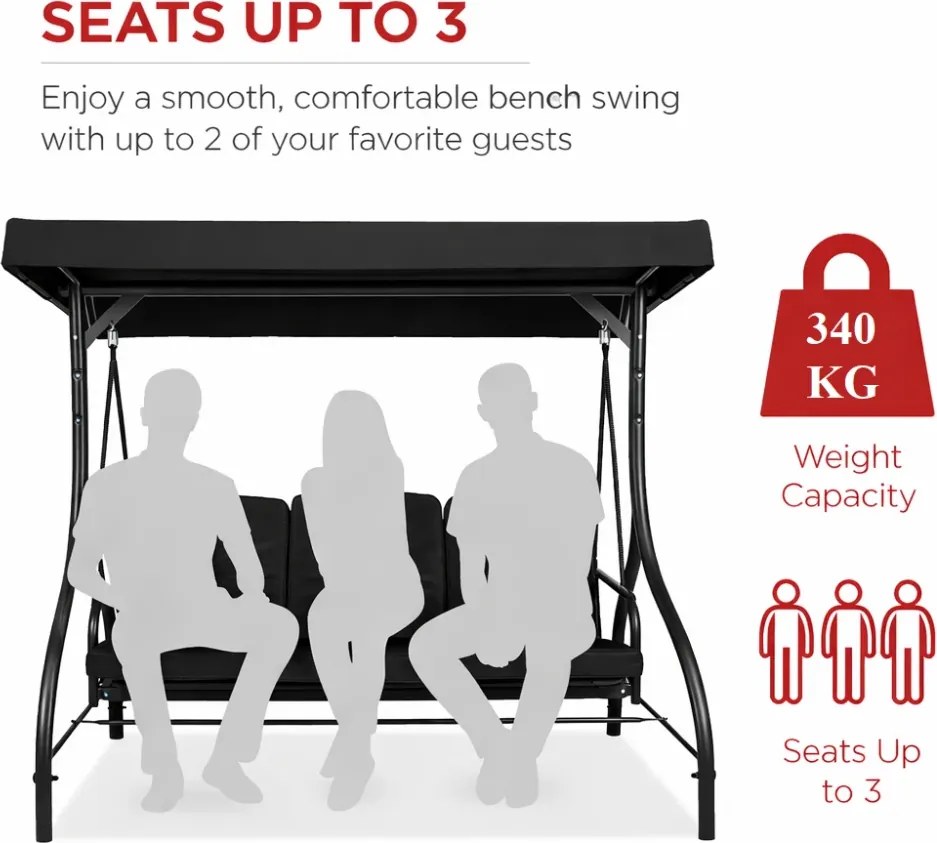 Leagan de grădină, șezlong tip pat, 3 locuri, copertina reglabila, cadru otel, 194x120x173 cm, Negru