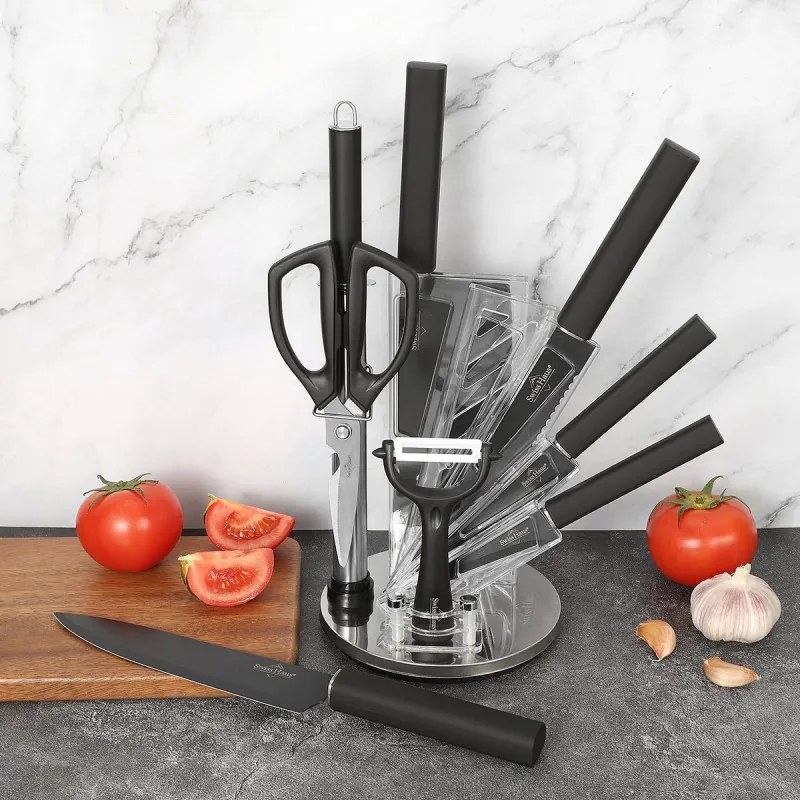 Set de cutite cu suport Swiss Haus SH-KSL9B, 9 piese, Manere antiderapante, Otel inoxidabil, Negru