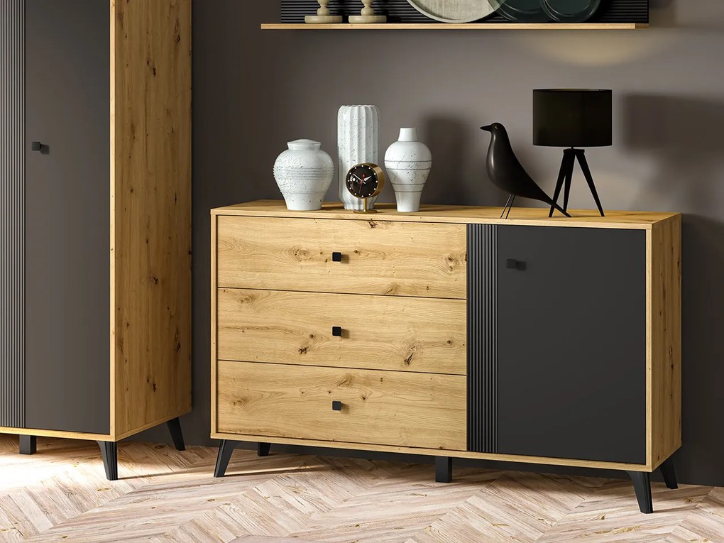 Comoda cu 3 sertare si 1 usa, stejar artisan negru, 138x83x40 cm, modern ,model pe mijloc usa, picioare negre , pentru living , dormitor, hol stejar