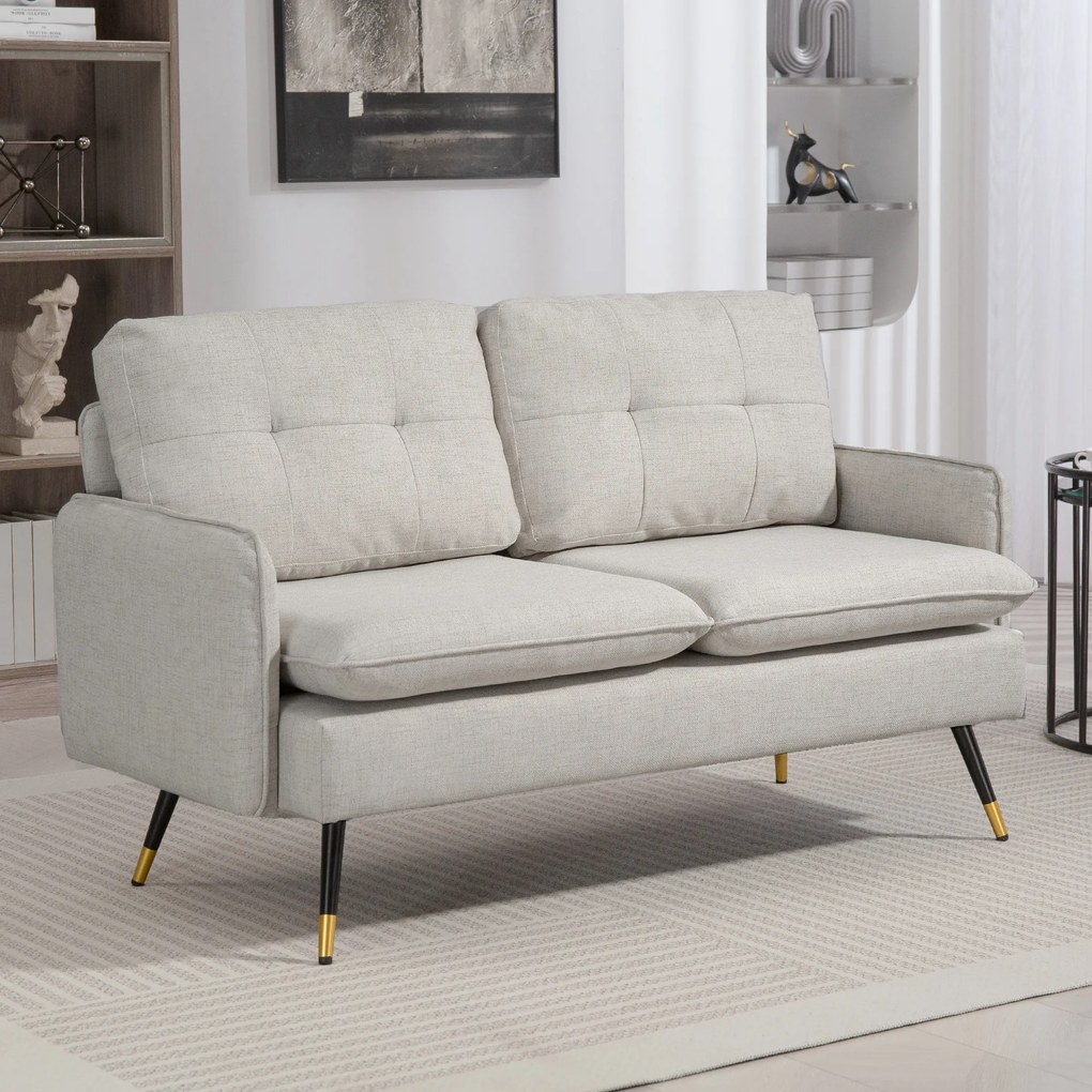 HOMCOM Divano 2 Posti in Tessuto Effetto Lino con Braccioli e Cuscini Imbottiti, Divanetto 2 Posti Moderno con Gambe in Acciaio, per Ufficio, Soggiorno, Salotto e Camera da Letto, 139x68x80 cm, Crema | Aosom Romania