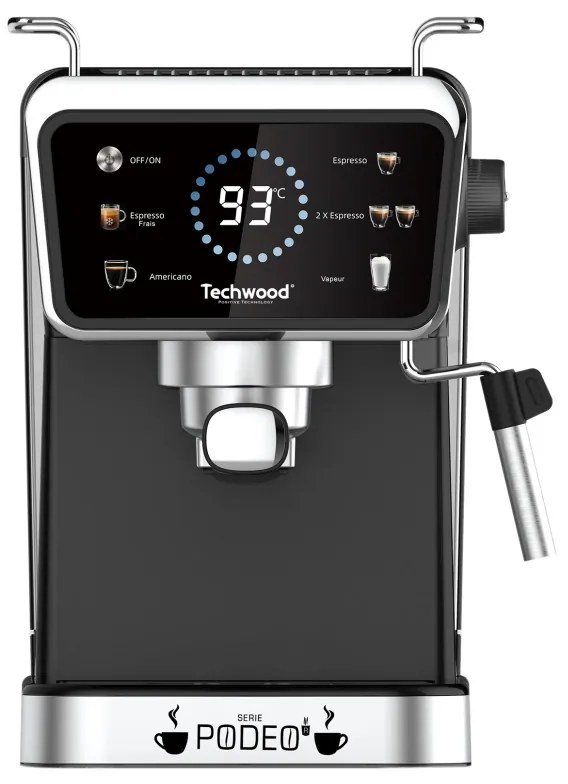 Espressor manual Techwood TCA-1386EXN, 1350W, 20 bar, 1.5 l, Cafea macinata si capsule Nesspresso5 functii, Ecran tactil, Duză de abur, Negru/Inox