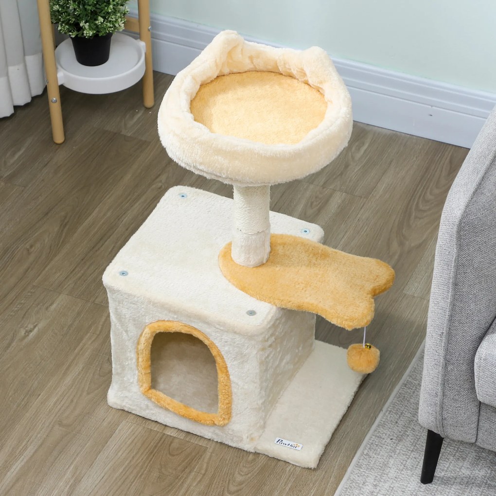 PawHut Arborele pentru Pisici cu Crenguță și Căsuță 40x30x72 cm Bej și Galben | Aosom Romania