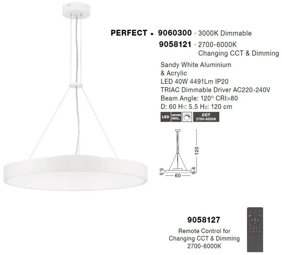 Lustra LED suspendata design circular PERFECT 60cm alba 3000K Dimmable