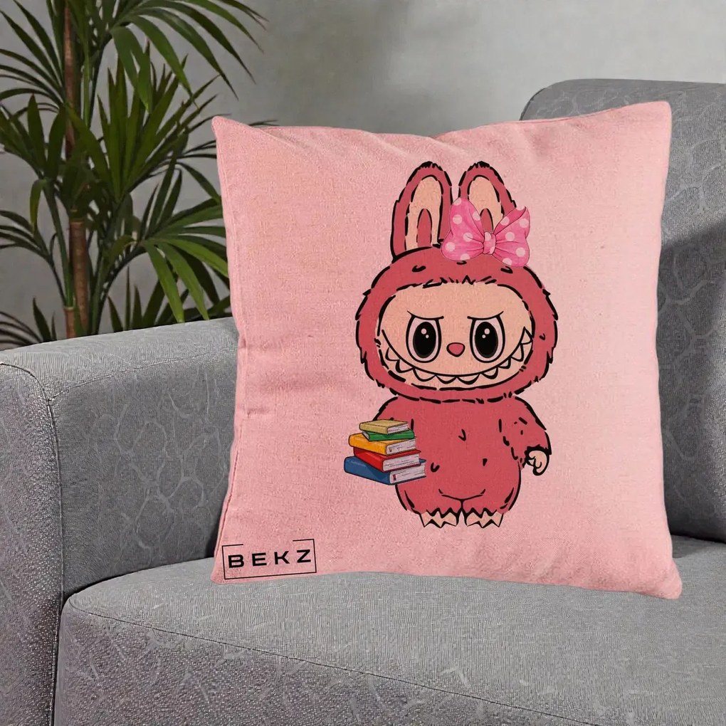 Perna Personalizata Labubu Roz cu Funda si Carti, 40x40 cm, Roz, Husa Detasabila, Perna Inclusa, BEKZ®