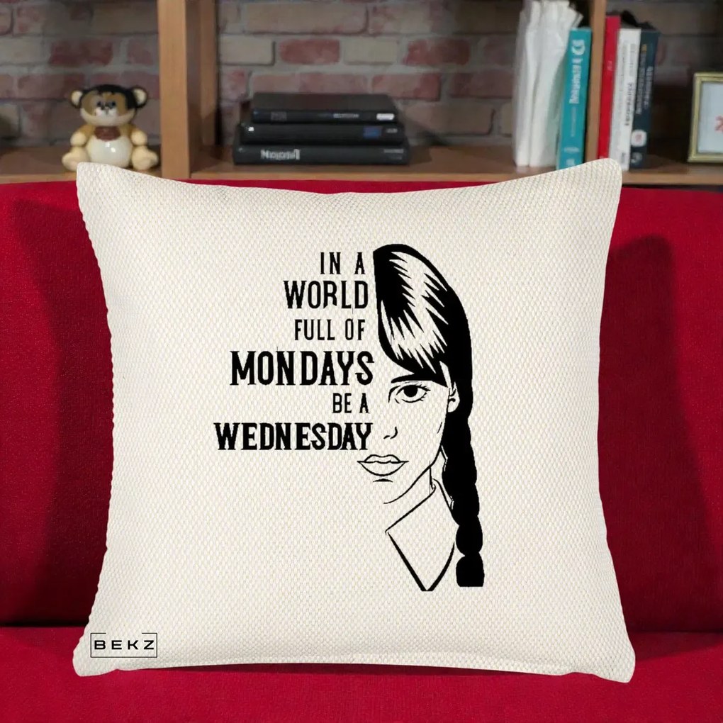Perna Personalizata Wednesday Be a Wednesday, 40x40 cm, Crem Reliefat, Husa Detasabila, Perna Inclusa, BEKZ®