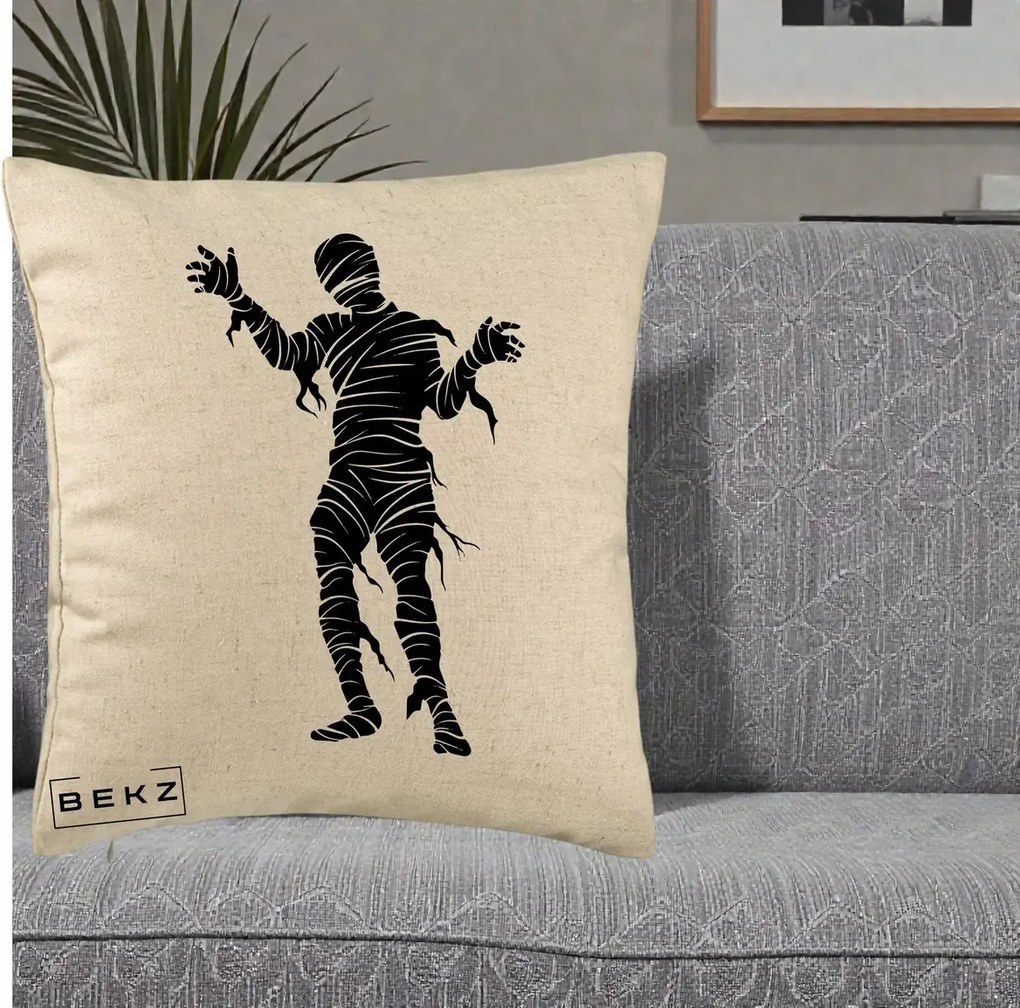 Perna Decorativa Mormii Infricosat Silueta Neagra Halloween, 40x40 cm, Bej, Husa Detasabila, Perna Inclusa, BEKZ®