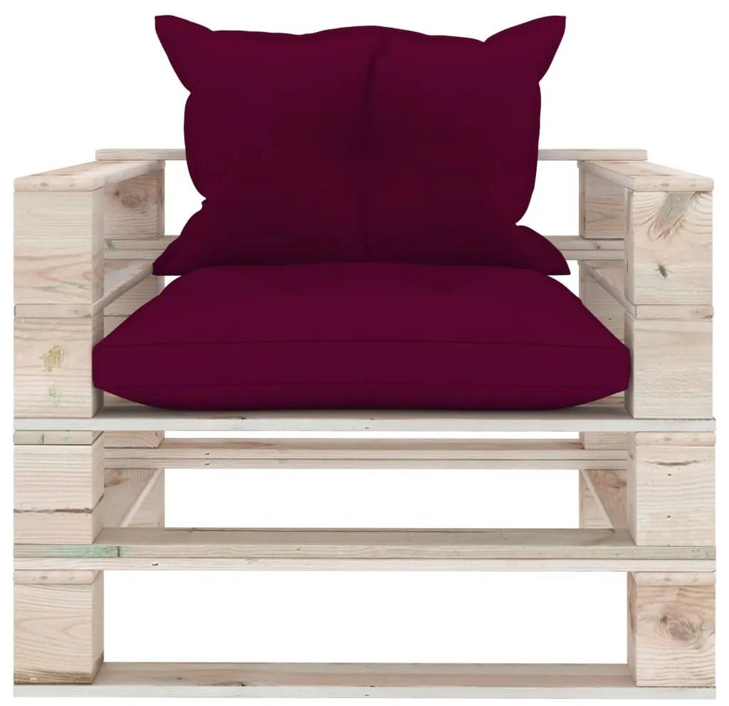 Canapea de gradina din paleti cu perne rosu vin, lemn de pin