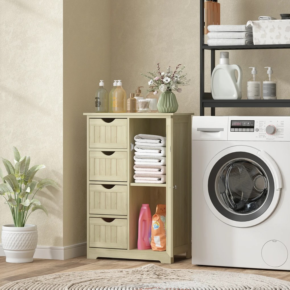 kleankin Dulap de baie Coloană îngustă cu 4 sertare și raft reglabil Stil modern 56x30x83 cm Lemn natural | Aosom Romania