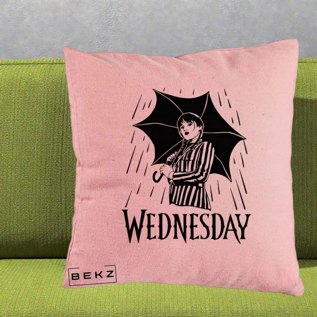 Perna Personalizata Wednesday cu Umbrela Ploaie Lineart, 40x40 cm, Roz, Husa Detasabila, Perna Inclusa, BEKZ®