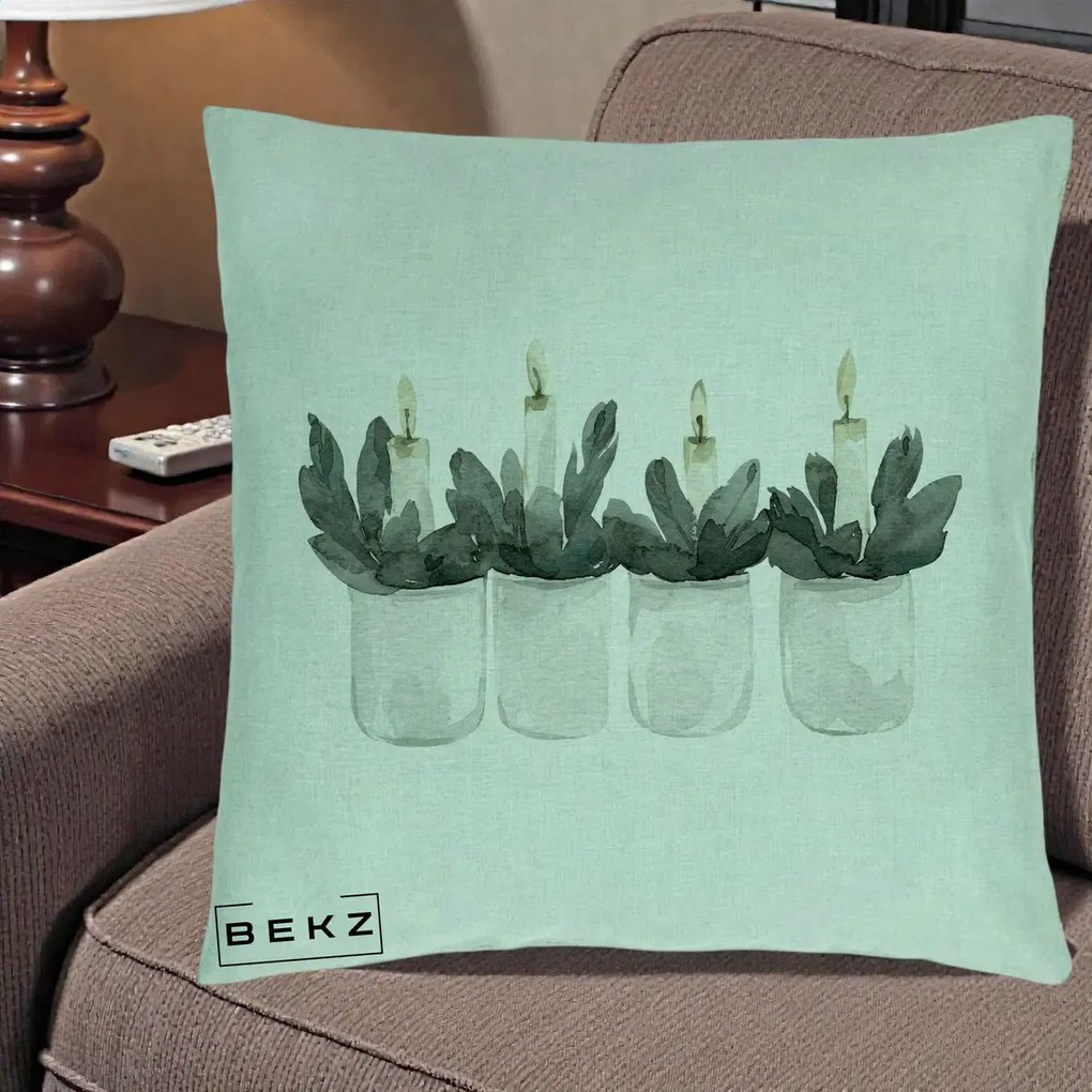 Perna Decorativa Lumanari Advent in Borcane, 40x40 cm, Verde Menta, Husa Detasabila, Perna Inclusa, BEKZ®
