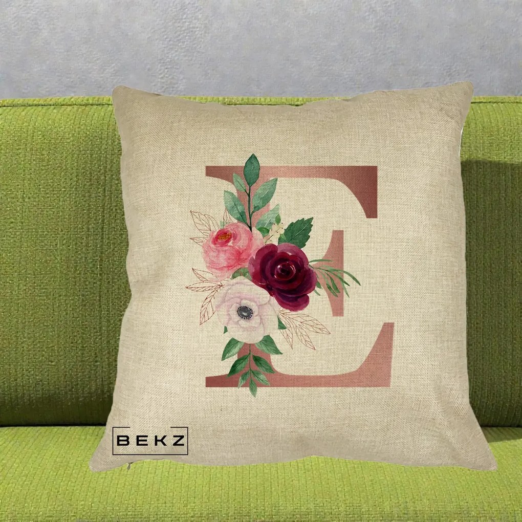 Cadou Personalizat - Perna Personalizata Monograma Rose Gold Litera E, 40x40 cm, Crem, Husa Detasabila, Perna Inclusa, BEKZ®