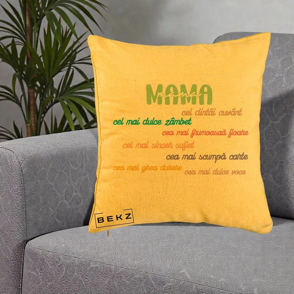 Perna personalizata mama: Mama, cel dintai cuvant, text colorat, 40x40 cm cu Umplutura, Galben, BEKZ