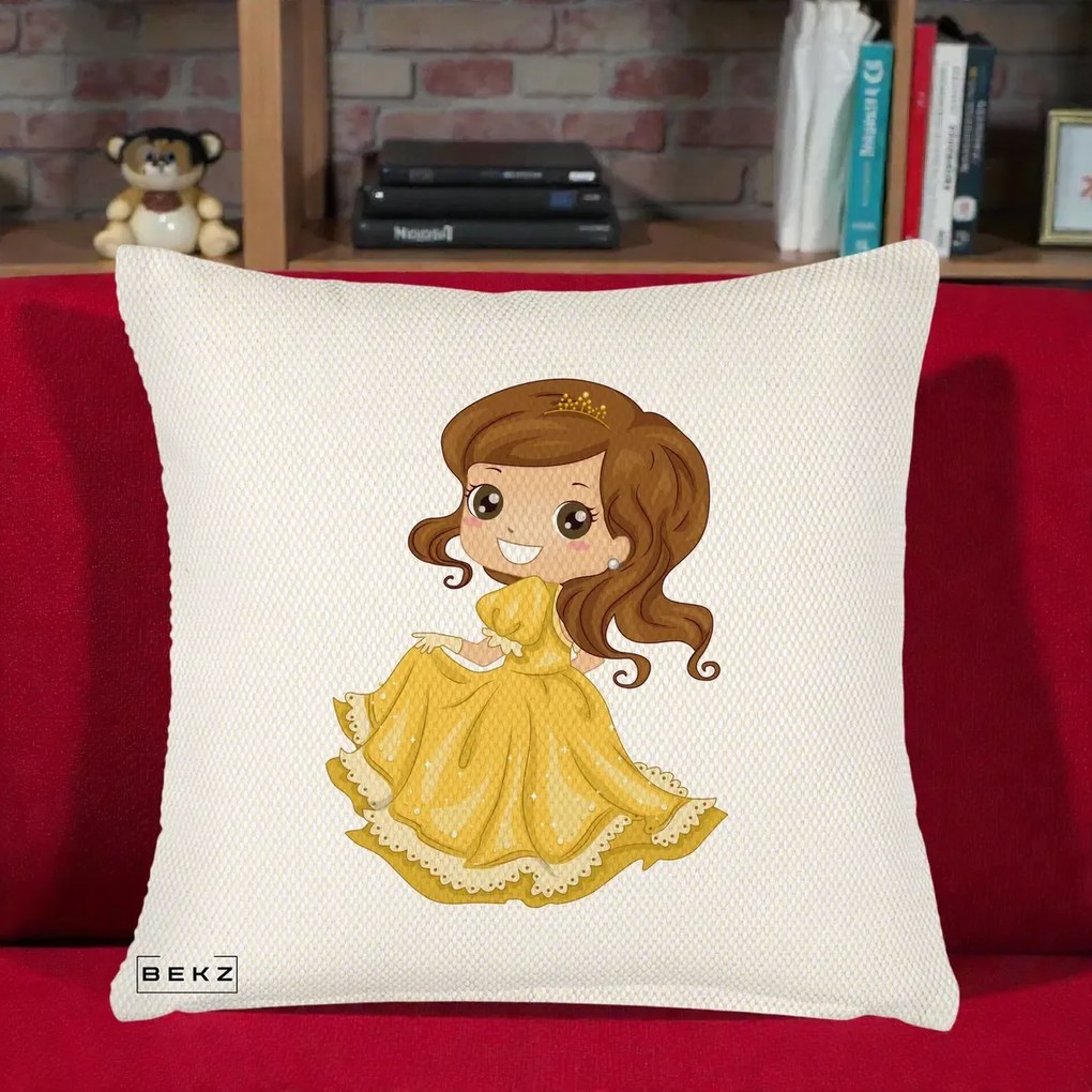 Perna Decorativa Printesa Bella Rochie Aurie, 40x40 cm, Crem Reliefat, Husa Detasabila, Perna Inclusa, BEKZ®