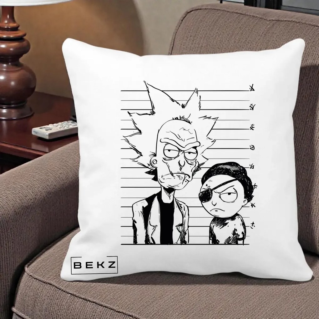 Perna Personalizata Rick si Morty Dosar, 40x40 cm, Alba Mata, Husa Detasabila, Perna Inclusa, BEKZ®