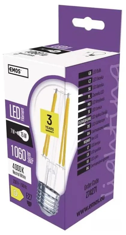 Bec LED/cu filament E27, cu lumină neutră 7 W – EMOS