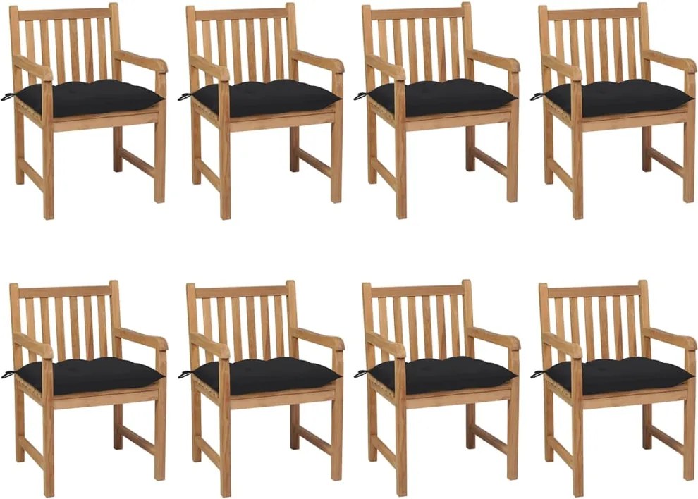 vidaXL Scaune de grădină cu perne negre, 8 buc., lemn masiv de tec