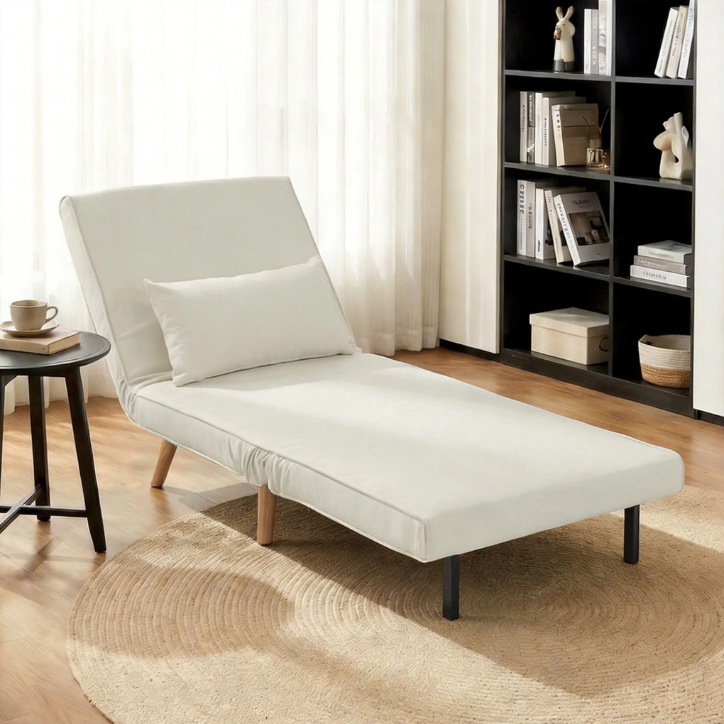 HOMCOM Fotoliu-șezlong convertibil 3 în 1 pat/fotoliu 1 loc, spătar 5 poziții, material textil cu pernă, crem | Aosom Romania