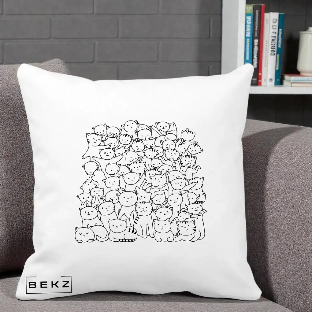 Perna Personalizata Many Cats Pattern Alb-Negru, 40x40 cm, Alba Mata, Husa Detasabila, Perna Inclusa, BEKZ®