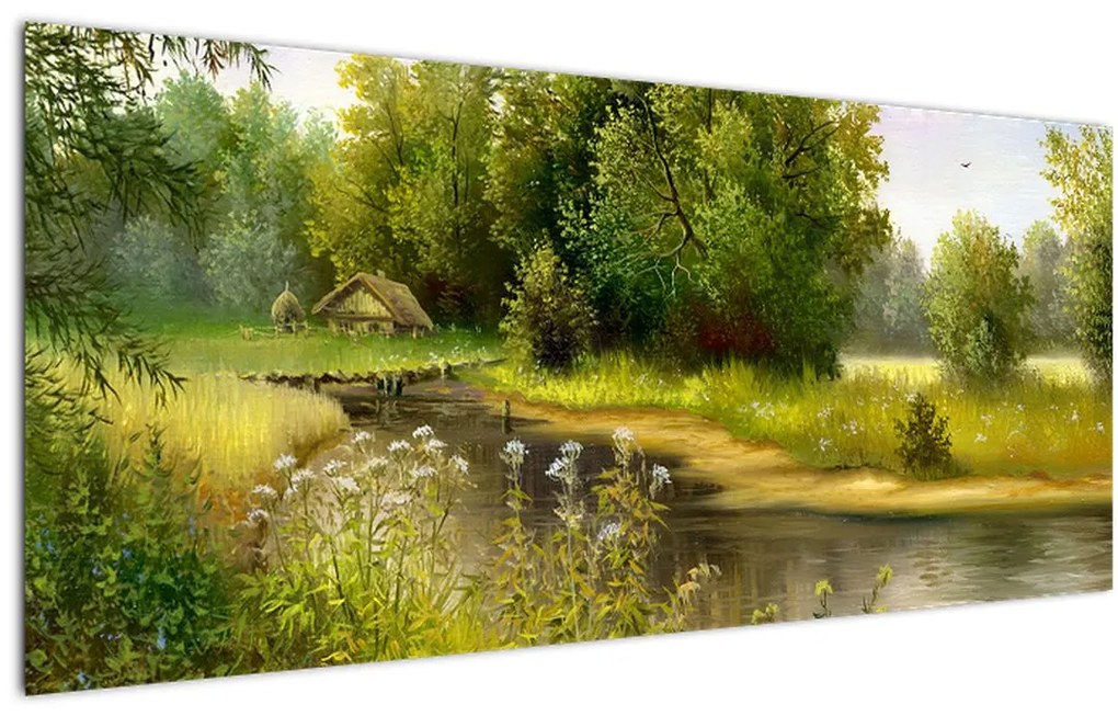 Tablou - Râu lângă pădure, pictură în ulei (120x50 cm)