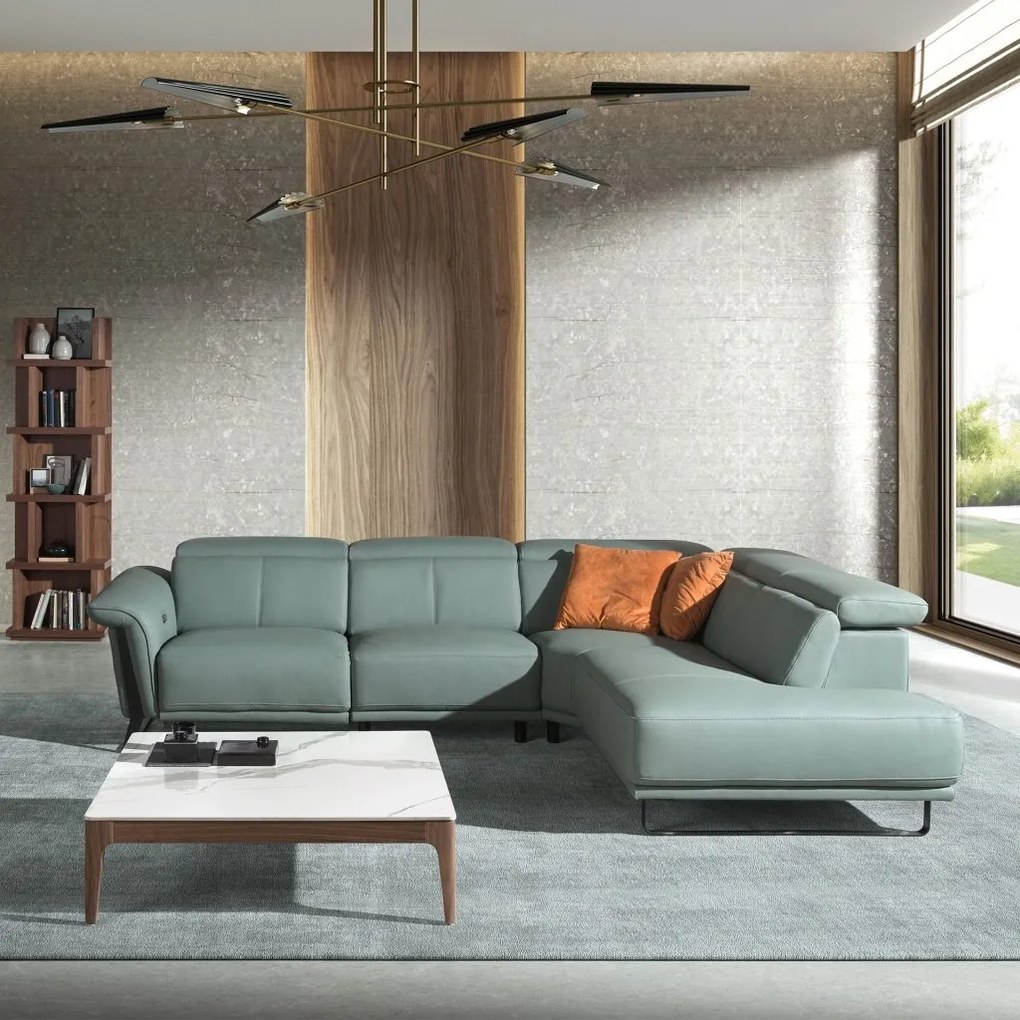 Coltar LUX design italian cu sezlong dreapta si functia relax Cowhide verde turcoaz