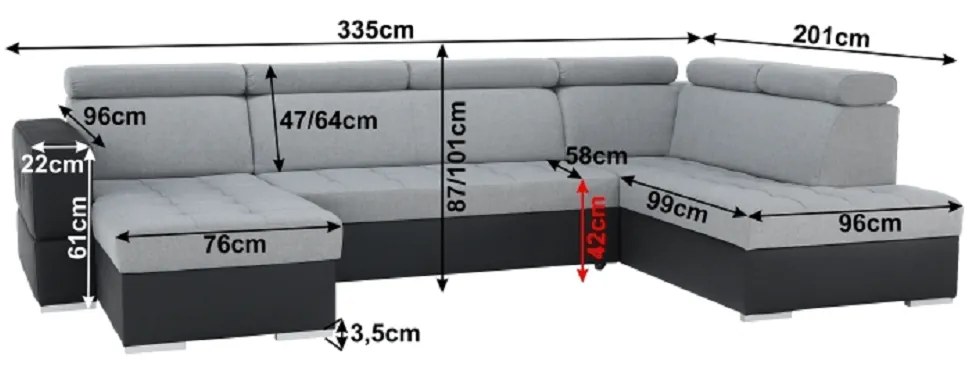 Colţar extensibil, piele ecologică neagră/material textil gri deschis, model stânga, VASTO