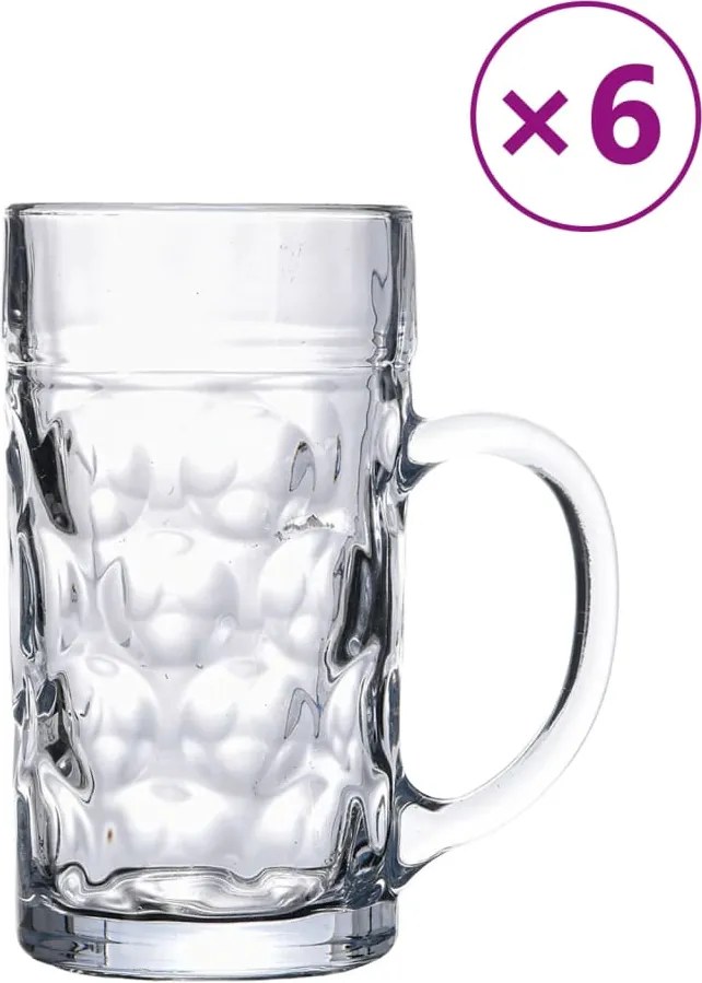 vidaXL Halbe de bere cu mâner din sticlă, 6 buc., 1000 ml