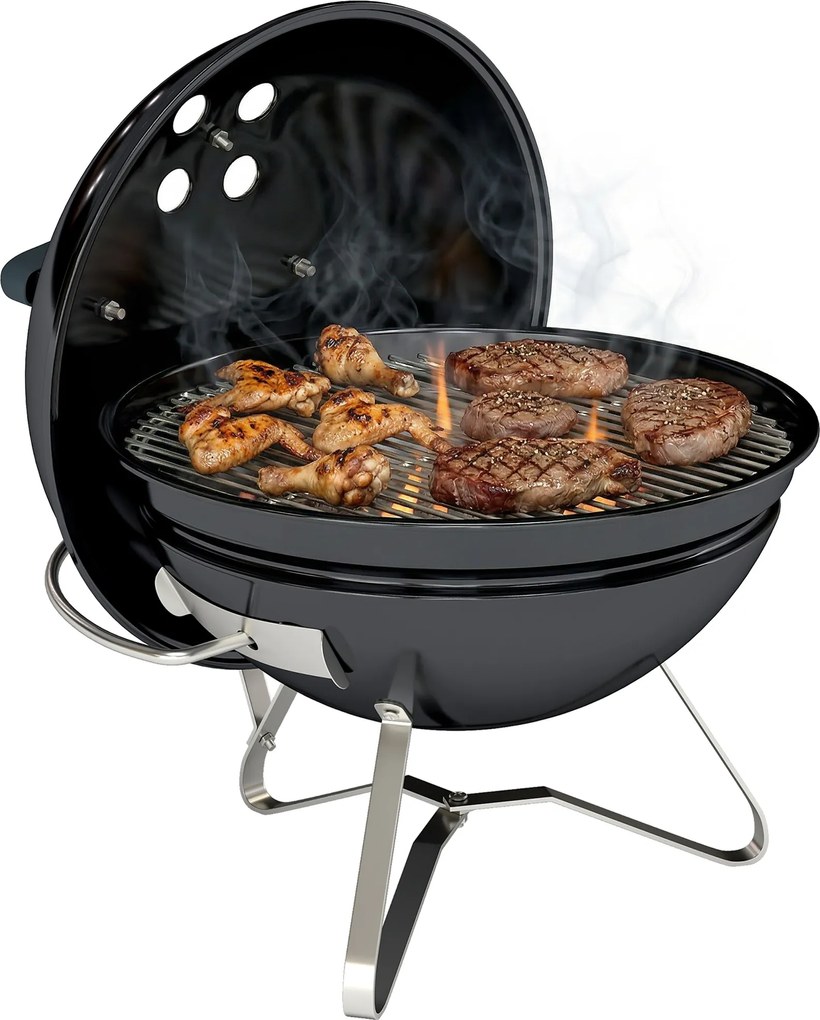 Outsunny Grătar pe cărbune Grătar rotund portabil cu mâner pentru capac fante de ventilație reglabile pentru barbecue 41x41x44 cm Negru | Aosom Romania