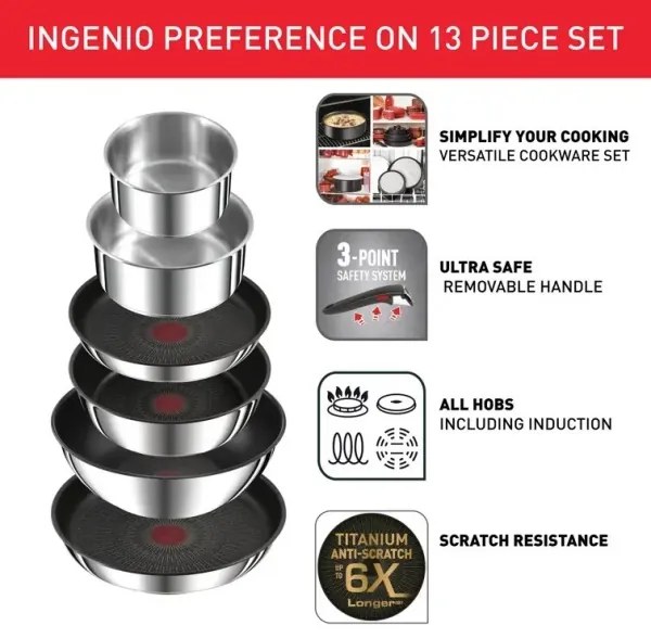 Set de vase de gătit Tefal 13 buc. INGENIO PREFERENCE ON oțel inoxidabil