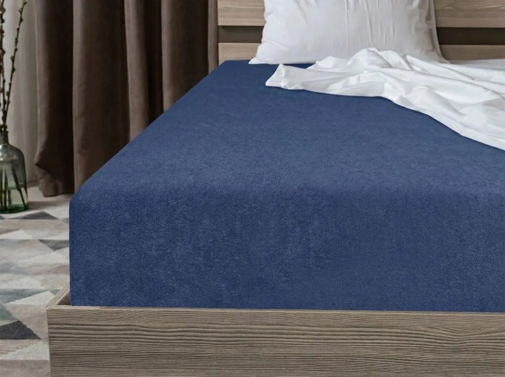 Cearsaf stretch din fleece MOLTON albastru marin 90 x 200 cm