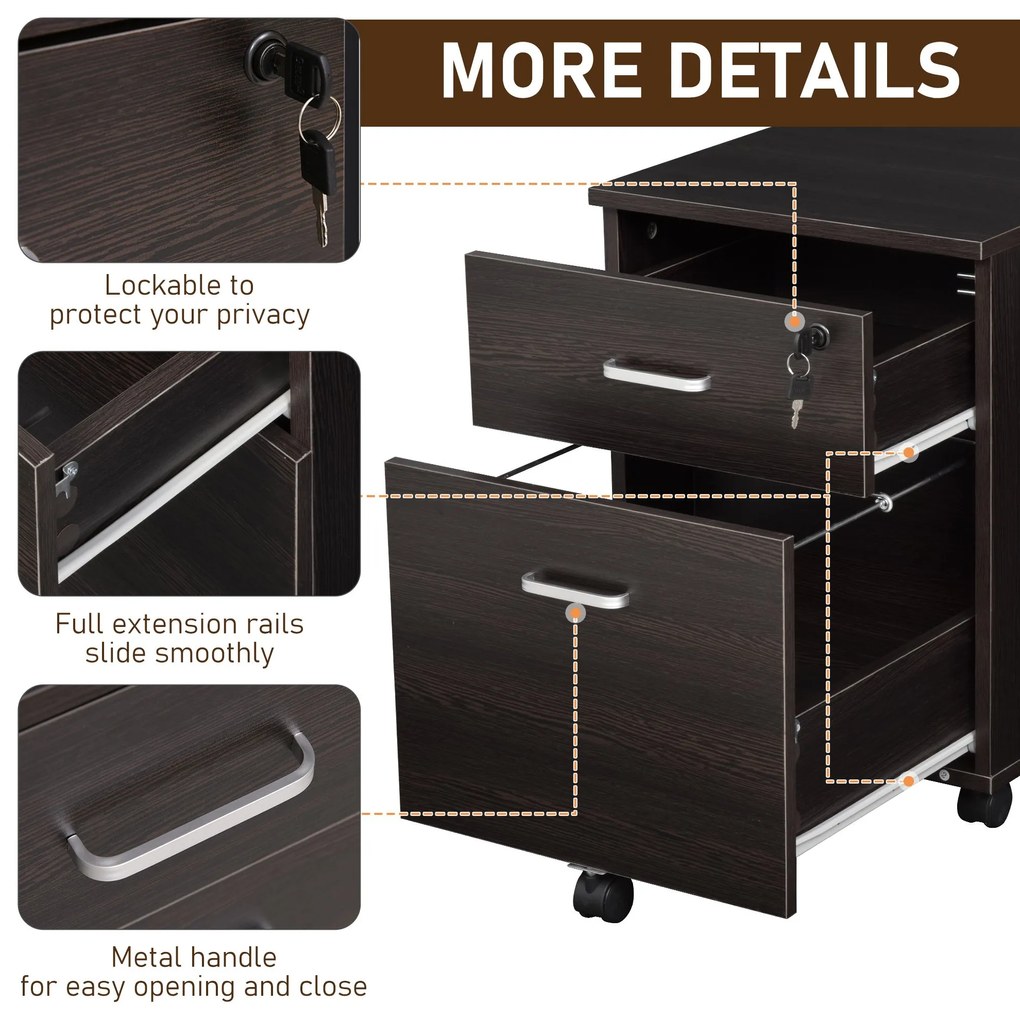 Vinsetto Dulap cu Sertare, 2 sertare si 5 roti, dulap Birou Compact pentru Documente , 40x44x54.6cm, Design Modern | Aosom Romania