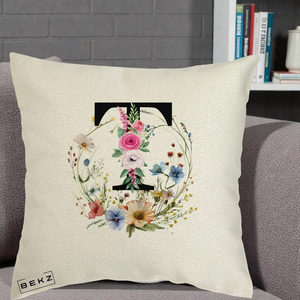Cadou Personalizat - Perna Personalizata Monogram Litera T cu Flori Acuarela, 40x40 cm, Ecru, Husa Detasabila, Perna Inclusa, BEKZ®