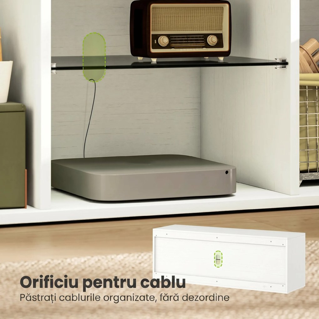 HOMCOM Mobilier Porta TV până la 55", Mobilier TV Suspendat sau pe Podea de 120 cm cu Uși Soft Close, Orificiu pentru Cabluri și Raft din Sticlă, pentru Sufragerie și Salon, Alb Efect Lemn | Aosom Romania